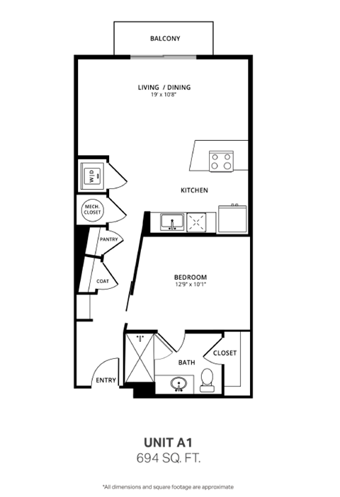 Floor plan for 1 bed, 1 bath, 694 sqft